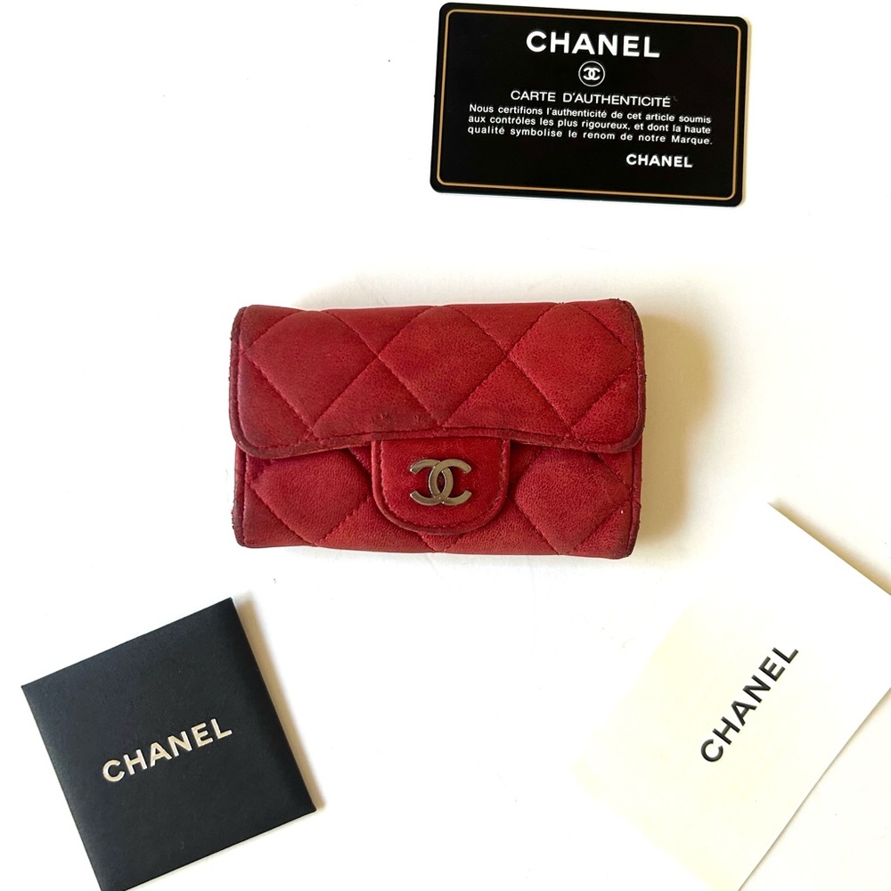 CHANEL Red Quilted Suede Mini Wallet with CC Logo